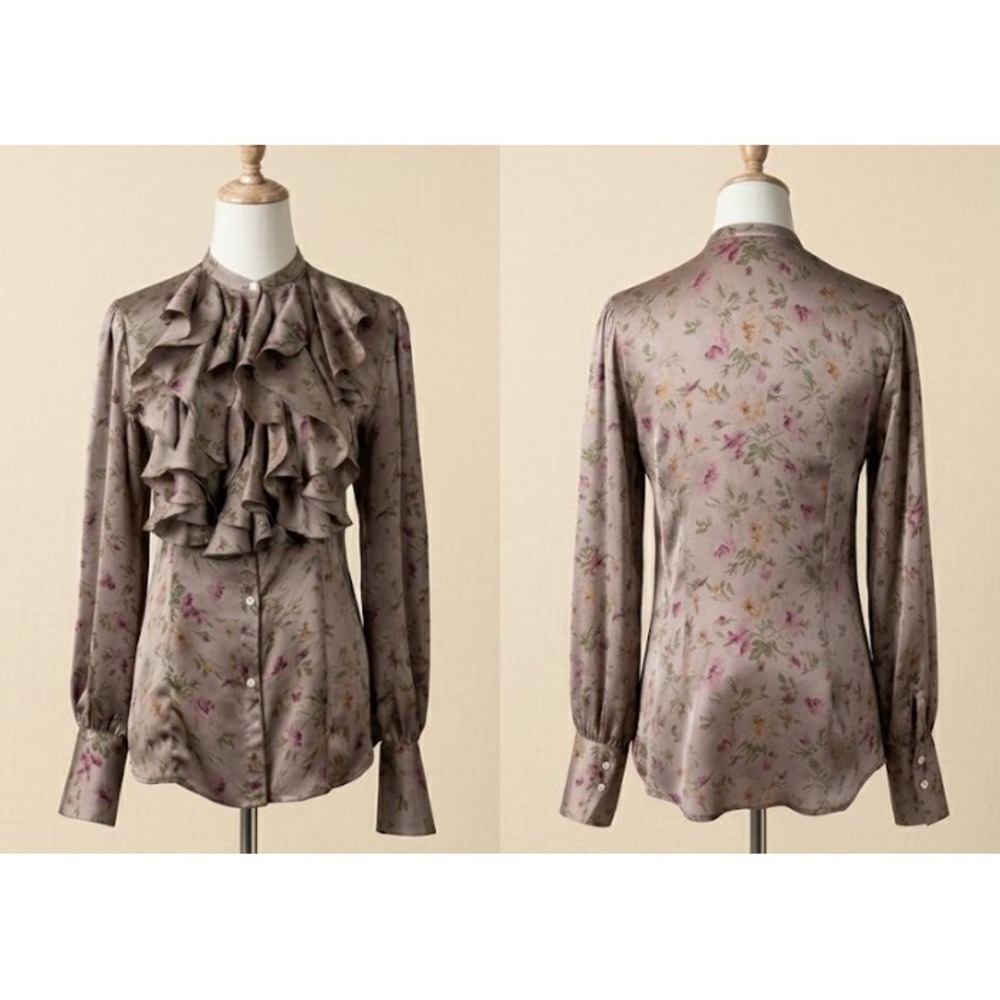 Lauren Ralph Lauren 2000s Silk Ruffle Jabot Blouse in Mountbatten Top Floral 2P